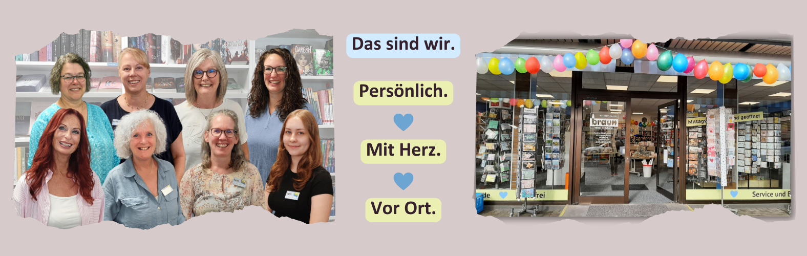 Man sieht ein Foto mit den Mitgliedern des Teams sowie eine Außenansicht der Buchhandlung.